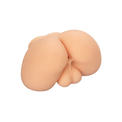 The Cheap Thrills The First Mate by California Exotic Novelties is a beige, smooth, rounded rubber or silicone stroker with two large bulbous sections and a smaller textured part beneath, providing an ultra-realistic experience, set against a plain white backdrop.