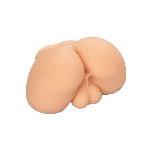 The Cheap Thrills The First Mate by California Exotic Novelties is a beige, smooth, rounded rubber or silicone stroker with two large bulbous sections and a smaller textured part beneath, providing an ultra-realistic experience, set against a plain white backdrop.