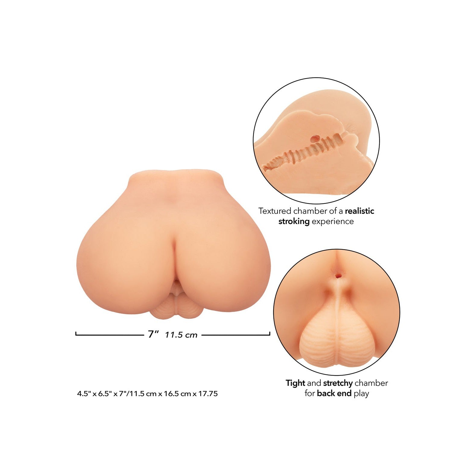 The Cheap Thrills The First Mate by California Exotic Novelties is an ultra-realistic silicone adult toy with two detailed sections. The top inset has a textured chamber for stroker sensations, and the bottom features a tight chamber for varied use. It is fully waterproof with included dimensions.
