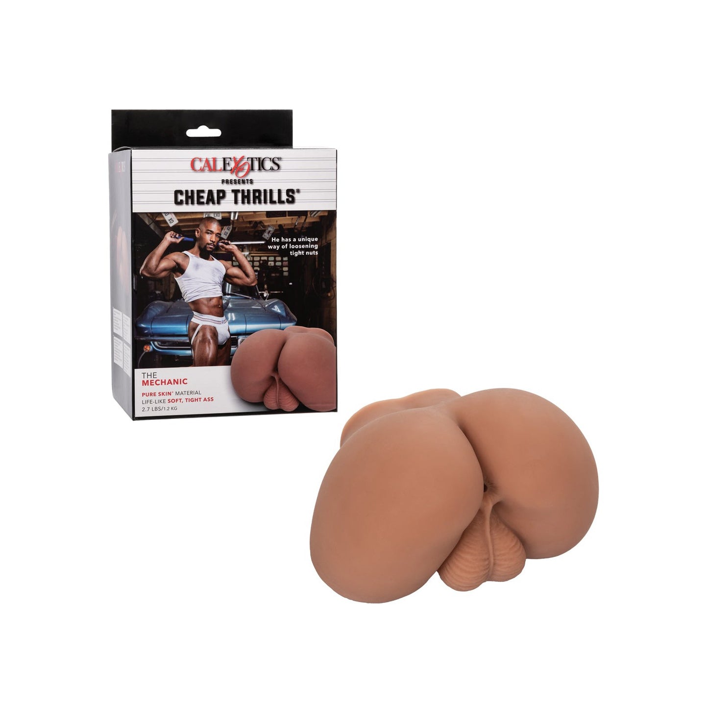 The box packaging for California Exotic Novelties Cheap Thrills The Mechanic is shown alongside a sculpted piece resembling human anatomy. It features an industrial-themed image and promotes its Real Feel and Suction Sensation, highlighting its unique attributes.