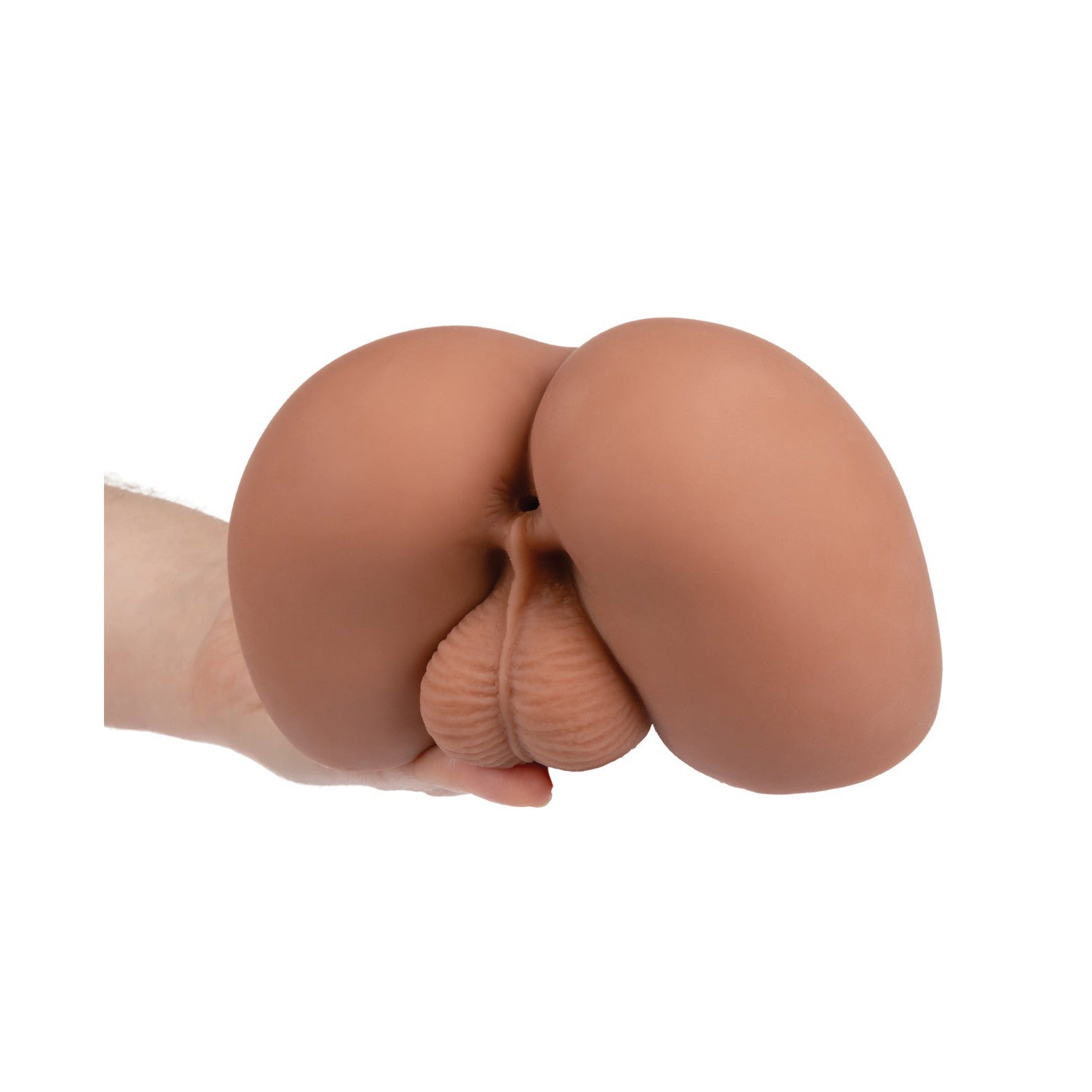 A hand holds the Cheap Thrills The Mechanic by California Exotic Novelties, a realistic rubber toy with curves and texture designed to mimic the appearance and feel of human skin in flesh color for enhanced authenticity.