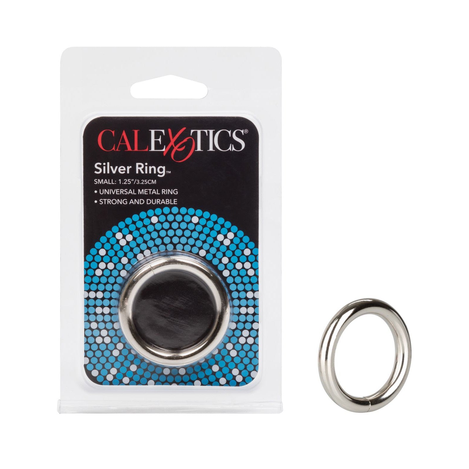 The Silver Metal Cock Ring from California Exotic Novelties combines style and safety, with packaging featuring a black backdrop adorned with blue and white dots. Silver Ring is prominently displayed alongside size details, making this body-safe ring an appealing choice for enhancing erotic arousal.