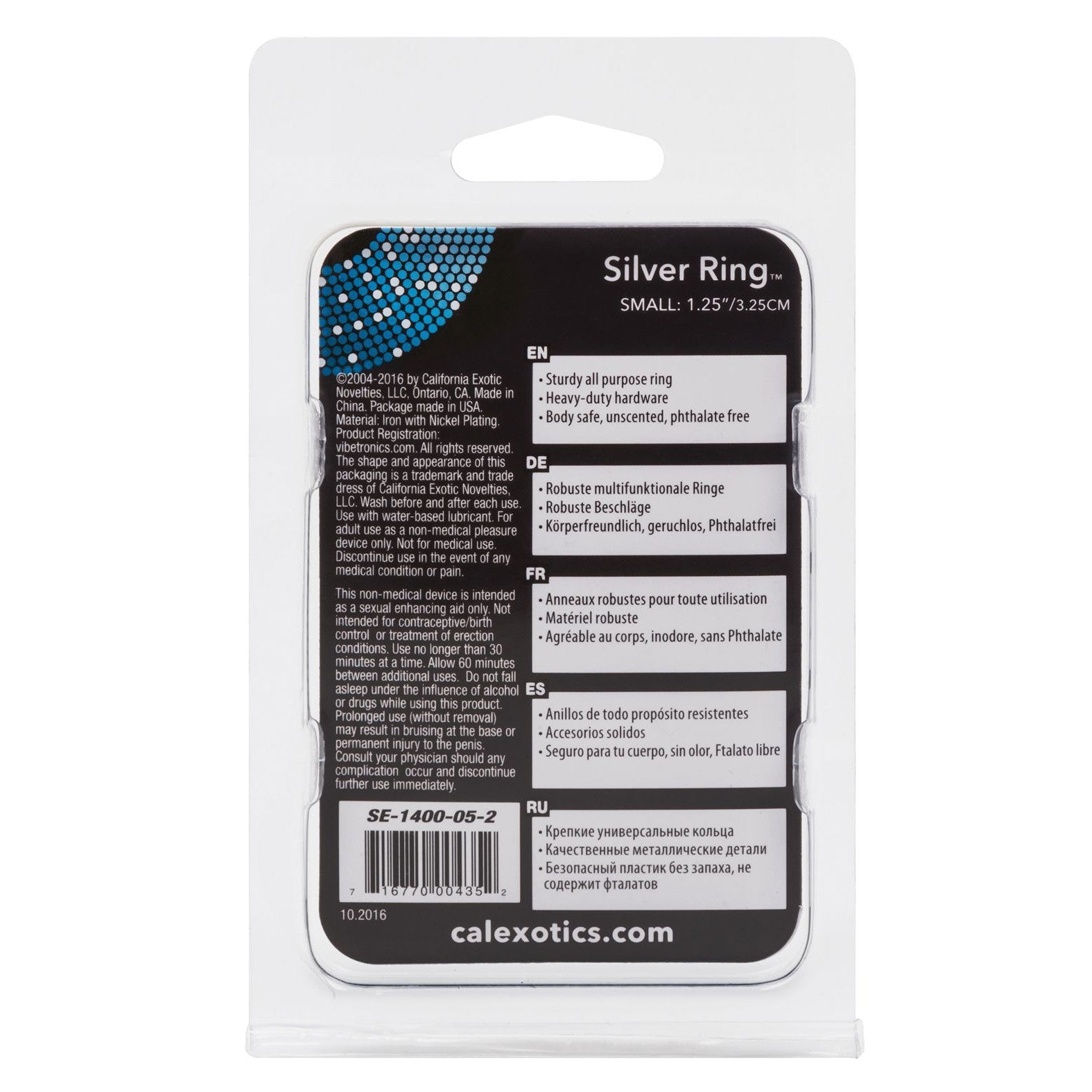 The Silver Metal Cock Ring by California Exotic Novelties is a small (1.25/3.25cm) product packaged with multilingual descriptions. It highlights body-safe, phthalate-free materials designed for erotic arousal, featuring a robust multifunction ring.