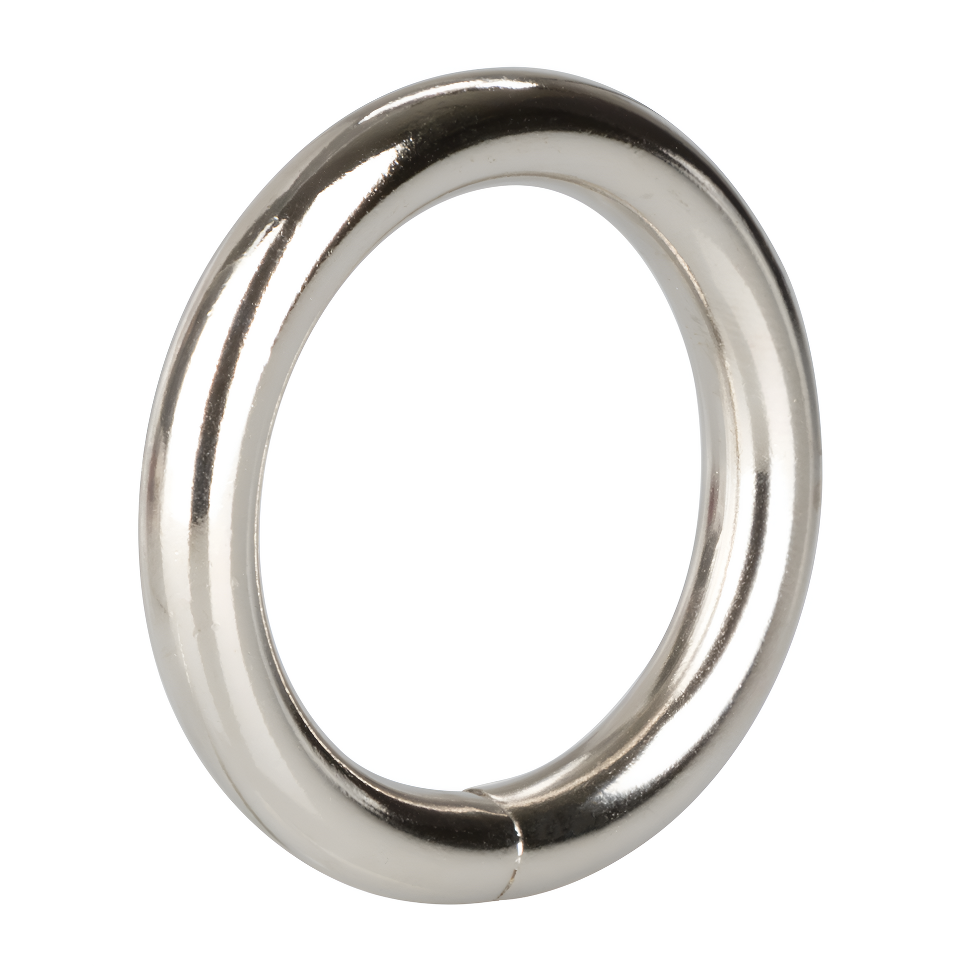 The Silver Metal Cock Ring by California Exotic Novelties features a sleek, circular design with a smooth surface and is elegantly displayed against a white background, offering both style and peace of mind with its body-safe craftsmanship.