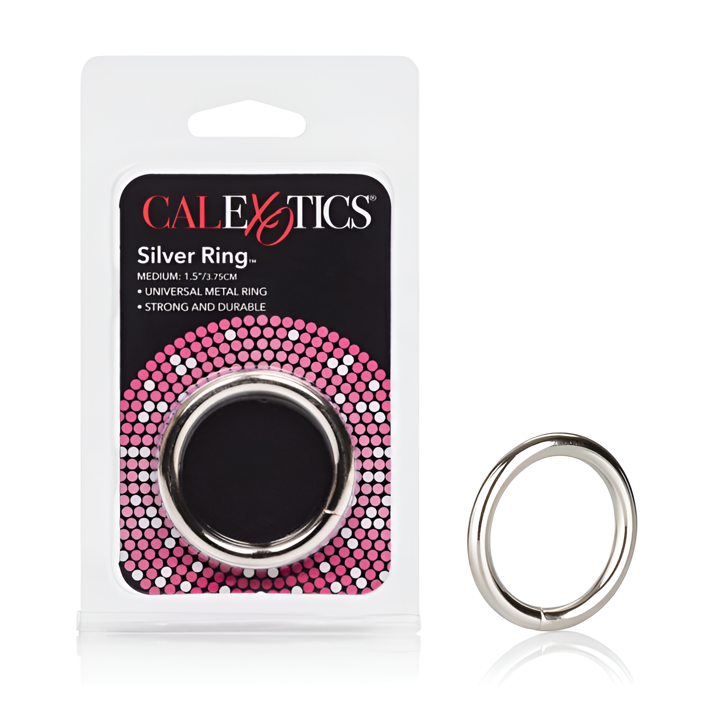The image features a body-safe Silver Metal Cock Ring by California Exotic Novelties and its packaging. The package reads California Exotic Novelties Silver Metal Cock Ring, emphasizing medium size, strength, and durability for erotic arousal with a black background and pink circular pattern.