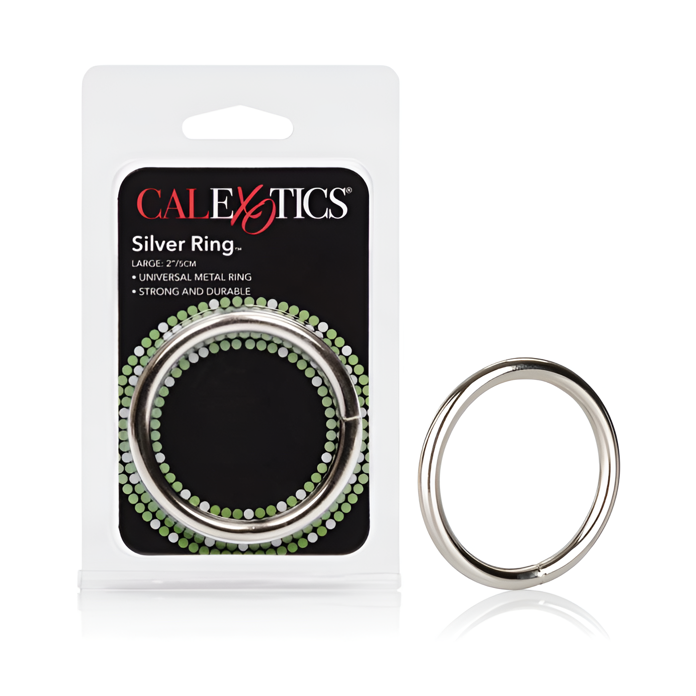 Packaging for the California Exotic Novelties Silver Metal Cock Ring vividly highlights: Silver Ring, Large 2.75 CM, Universal Metal Ring, and Strong and Durable. Designed for arousal, this shiny, body-safe metal ring is elegantly presented on the package.