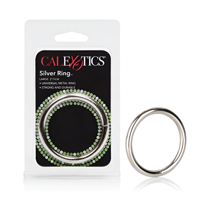 Packaging for the California Exotic Novelties Silver Metal Cock Ring vividly highlights: Silver Ring, Large 2.75 CM, Universal Metal Ring, and Strong and Durable. Designed for arousal, this shiny, body-safe metal ring is elegantly presented on the package.