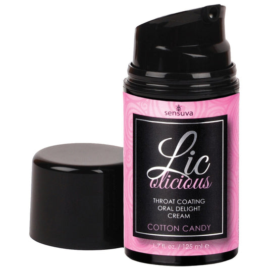 A 1.7 oz bottle of Lic O Licious Oral Delight Cream from Sensuva, featuring a tempting cotton candy flavor in a sleek black design with a pink label and classic black cap, ideal for your enjoyment.