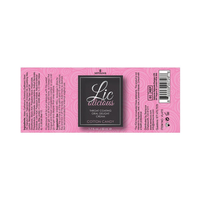 A Lic-O-Licious product by Sensuva with a pink swirl pattern background is labeled as Throat Coating Oral Delight Cream, Cotton Candy. It includes the product name Lic O Licious Oral Delight Cream - 1.7 oz Bottle, along with directions and ingredients.