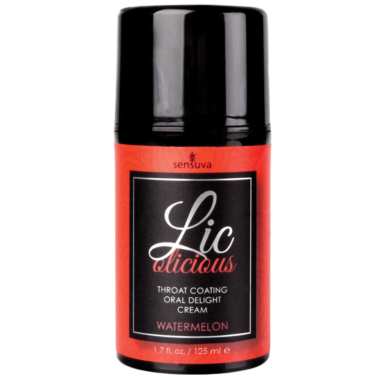 A black and red bottle of Sensuvas Lic O Licious Oral Delight Cream offers a refreshing watermelon flavor and contains 1.7 fl. oz. (125 ml).