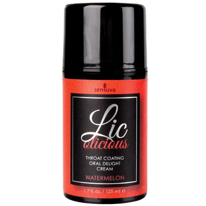 A black and red bottle of Sensuvas Lic O Licious Oral Delight Cream offers a refreshing watermelon flavor and contains 1.7 fl. oz. (125 ml).