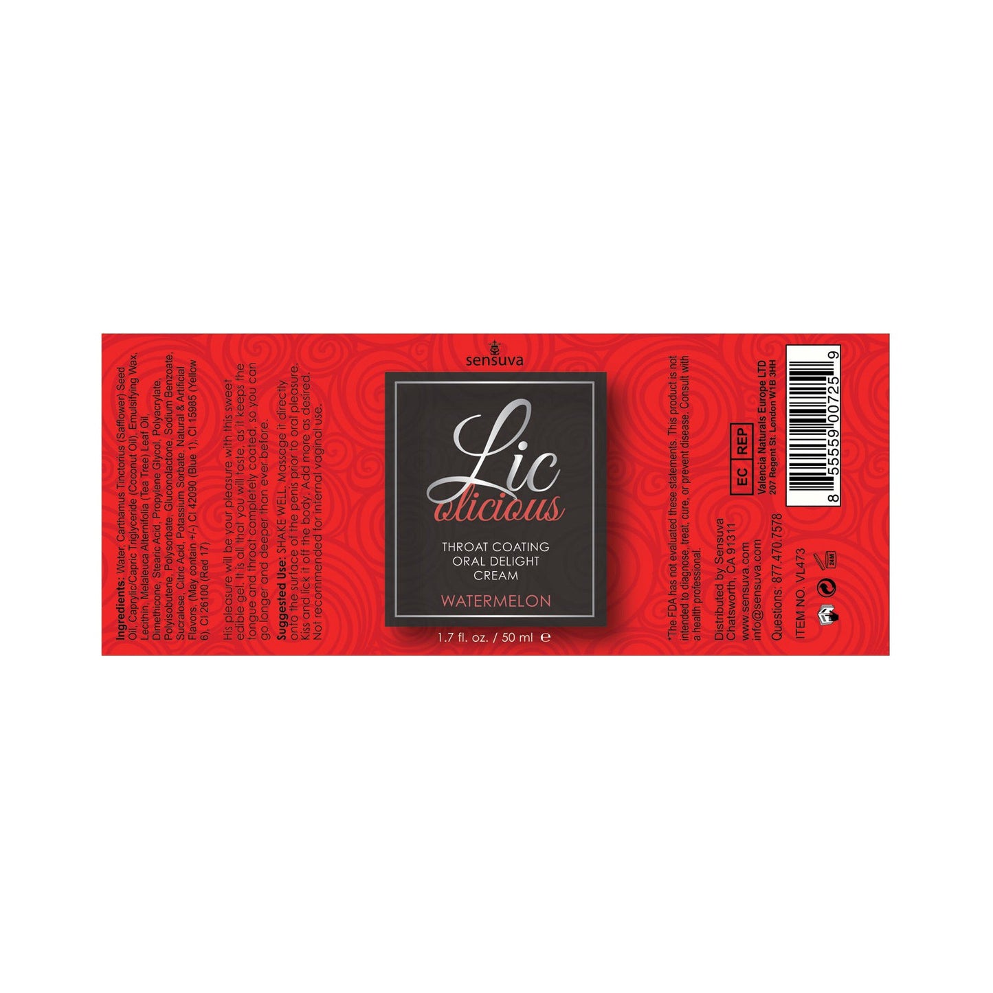Sensuvas Lic O Licious Oral Delight Cream in a 1.7 oz bottle features a red label with a swirling pattern, comprehensive product details, and a barcode. The watermelon-flavored text is multilingual, enhancing its global appeal.