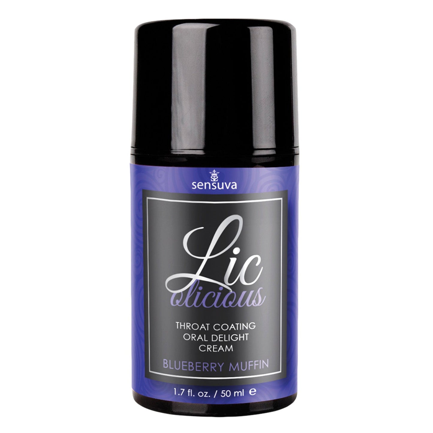 A 1.7 oz bottle of Sensuvas Lic O Licious Oral Delight Cream in a sleek black design with a purple and silver label featuring the Blueberry Muffin flavor.