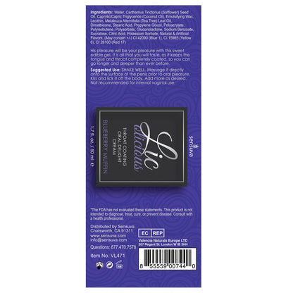 Image of a Sensuva Lic O Licious Oral Delight Cream label, 1.7 oz, blueberry muffin flavor, includes ingredients, usage instructions, contact info, and an FDA disclaimer. Experience oral delight with its creamy throat-coating formula.