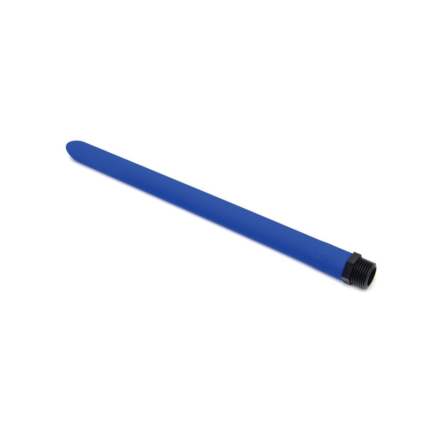 A Sport Fucker Locker Room Hose, featuring a long blue cylindrical design with a pointed tip and black threaded base, is isolated on a white background.