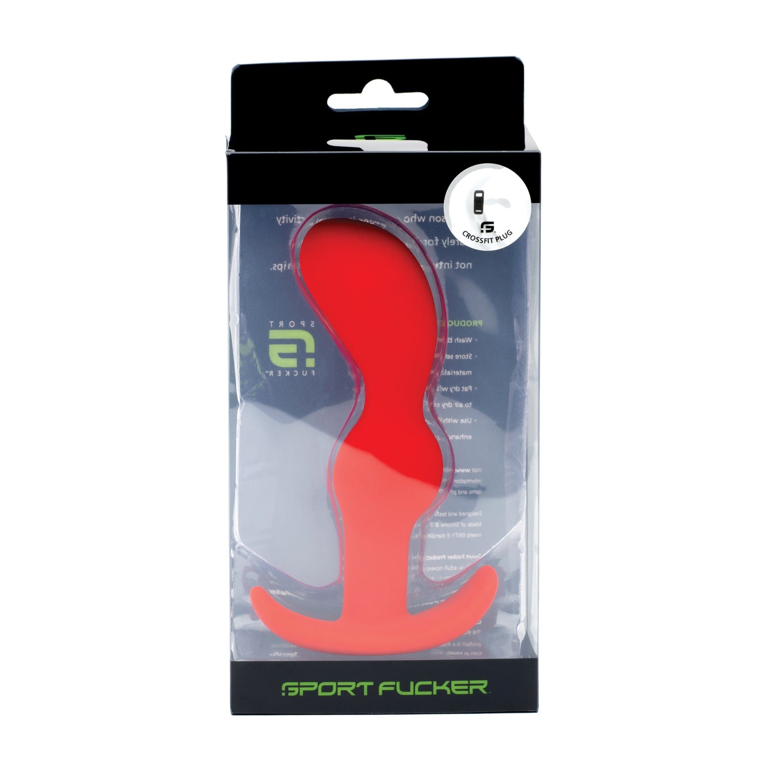 The image features a red adult toy by Sport Fucker, made from medical-grade silicone. Its inside a transparent black and green box, showcasing its curved design and base handle. The Sport Fucker Crossfit Plug combines style with functionality.