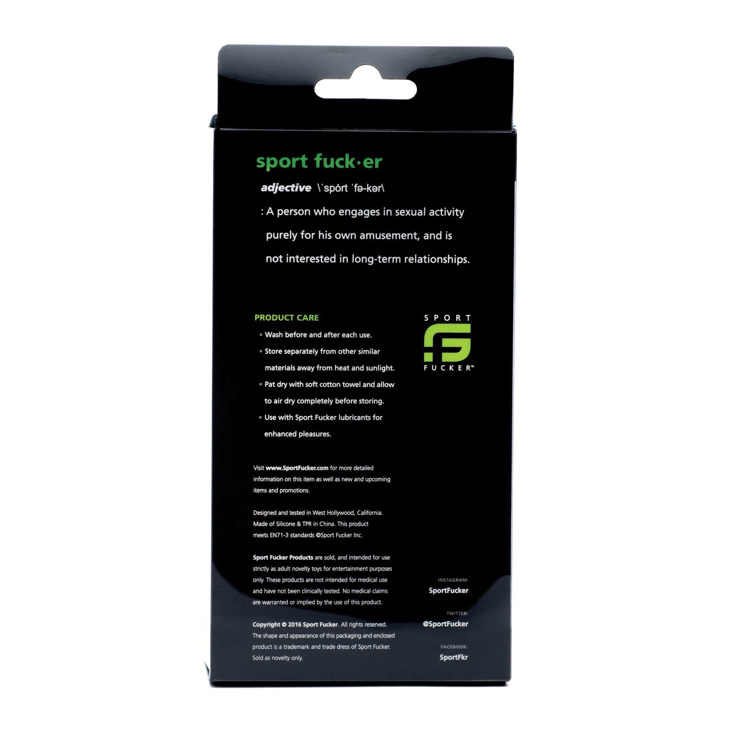 The image shows the back of the Sport Fucker Crossfit Plug packaging made from medical-grade silicone. It includes definitions, uses, website info, and social media links on a black background with green and white text for durability and readability tailored for active CrossFit enthusiasts.