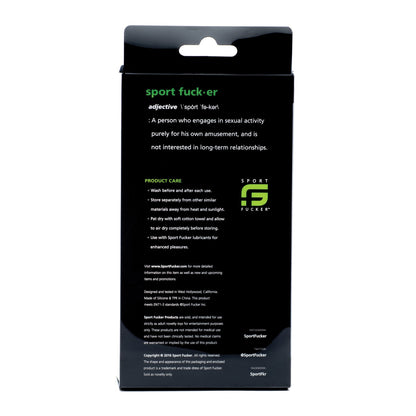 The image shows the back of the Sport Fucker Crossfit Plug packaging made from medical-grade silicone. It includes definitions, uses, website info, and social media links on a black background with green and white text for durability and readability tailored for active CrossFit enthusiasts.