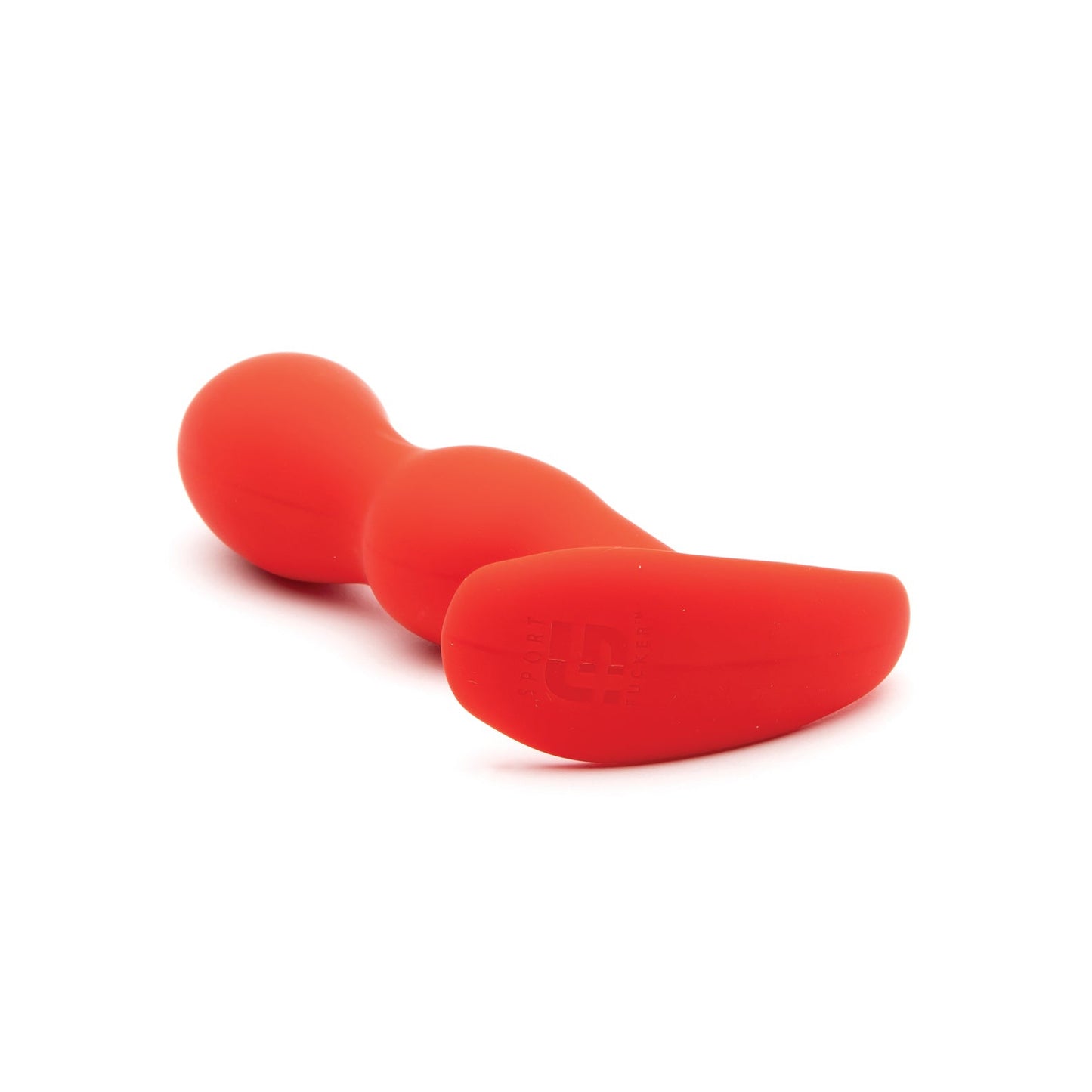 The Sport Fucker Crossfit Plug is a red, curved, ergonomic plug made from medical-grade silicone with a smooth surface, displayed on a white background.