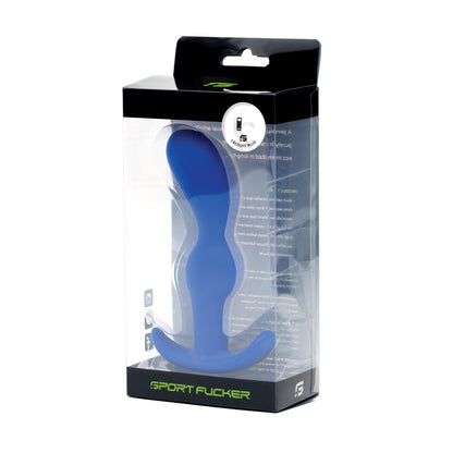 The transparent packaging of the Sport Fucker Crossfit Plug, an adult toy in blue made from medical-grade silicone, prominently displays text and branding details for Sport Fucker.