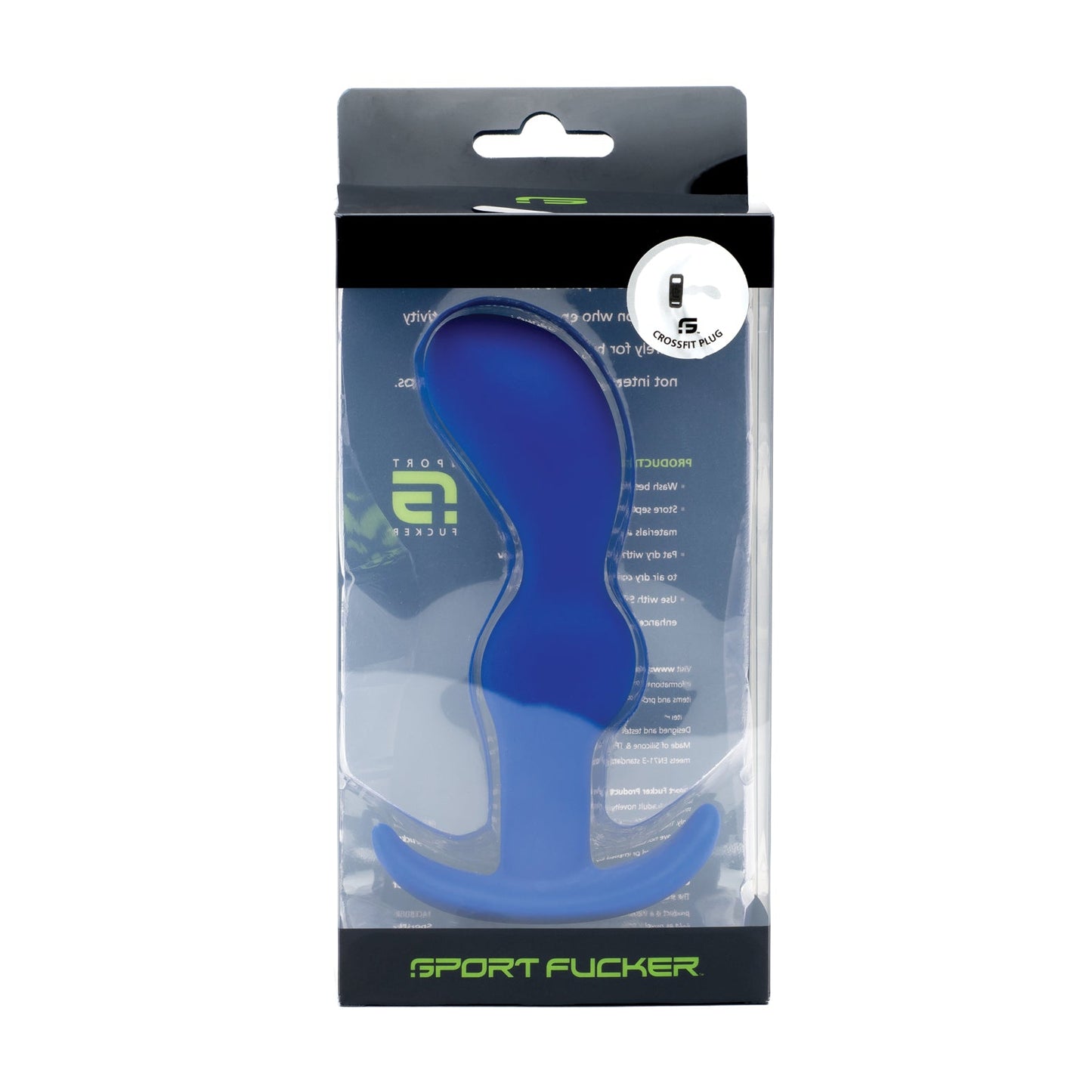 The Sport Fucker Crossfit Plug is a blue silicone personal massager, featuring a wavy design for a premium experience. Its displayed in transparent packaging with black and green accents, labeled Sport Fucker at the base, and crafted from medical-grade silicone.