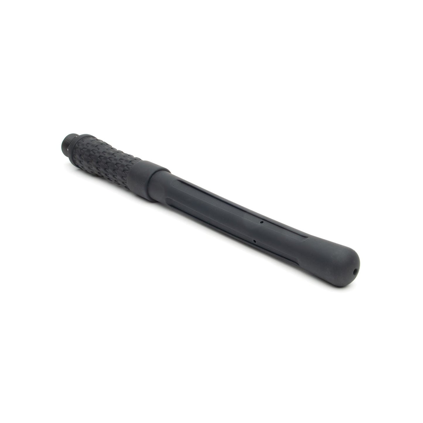 A black telescopic baton with a textured handle, echoing the sleek design of Oxballs Sport Fucker PowerShot Nozzle, is shown closed against a white background.
