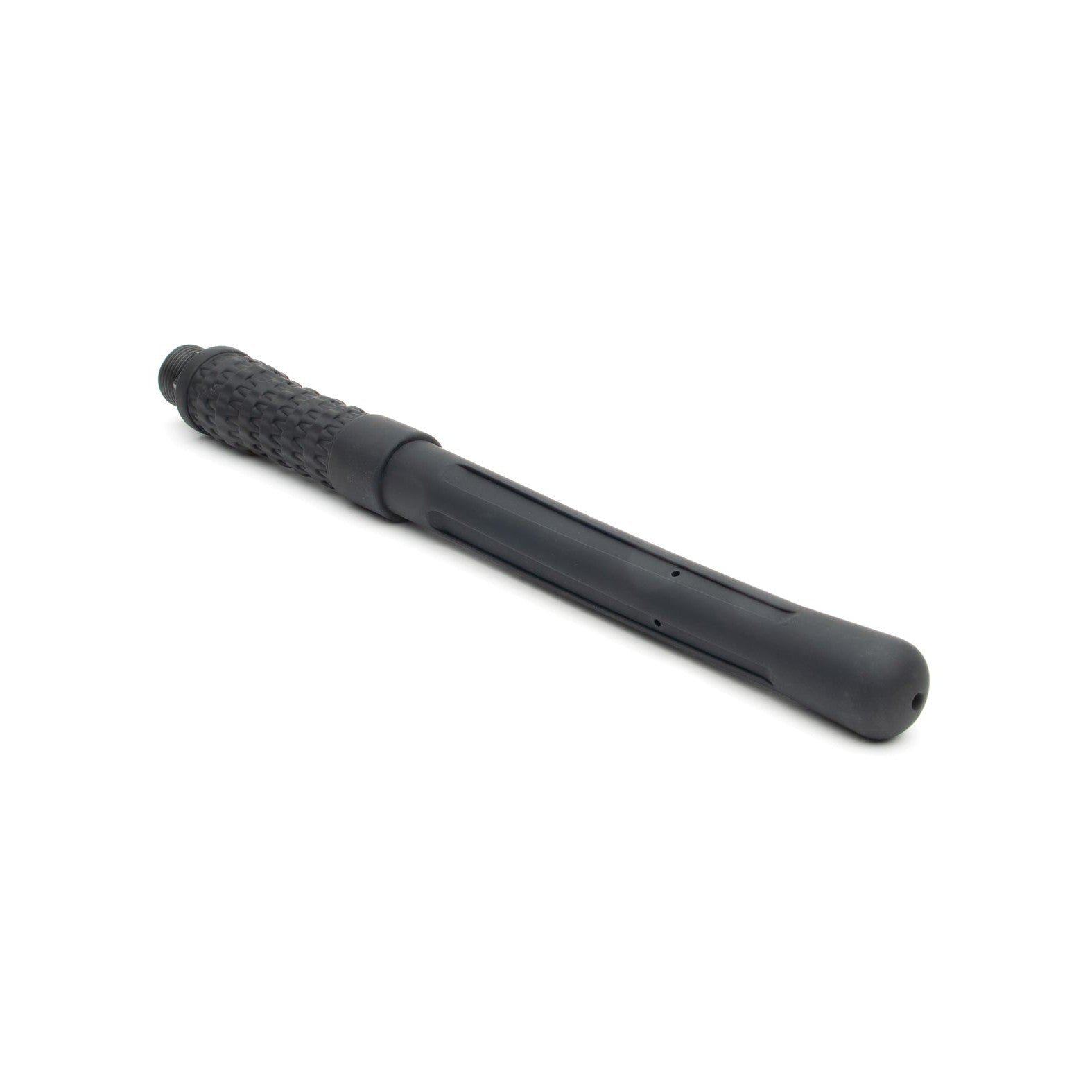 A black telescopic baton with a textured handle, echoing the sleek design of Oxballs Sport Fucker PowerShot Nozzle, is shown closed against a white background.