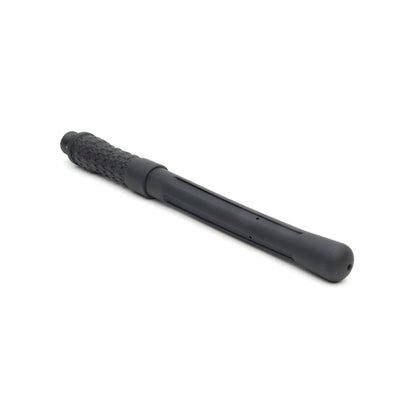 A black telescopic baton with a textured handle, echoing the sleek design of Oxballs Sport Fucker PowerShot Nozzle, is shown closed against a white background.