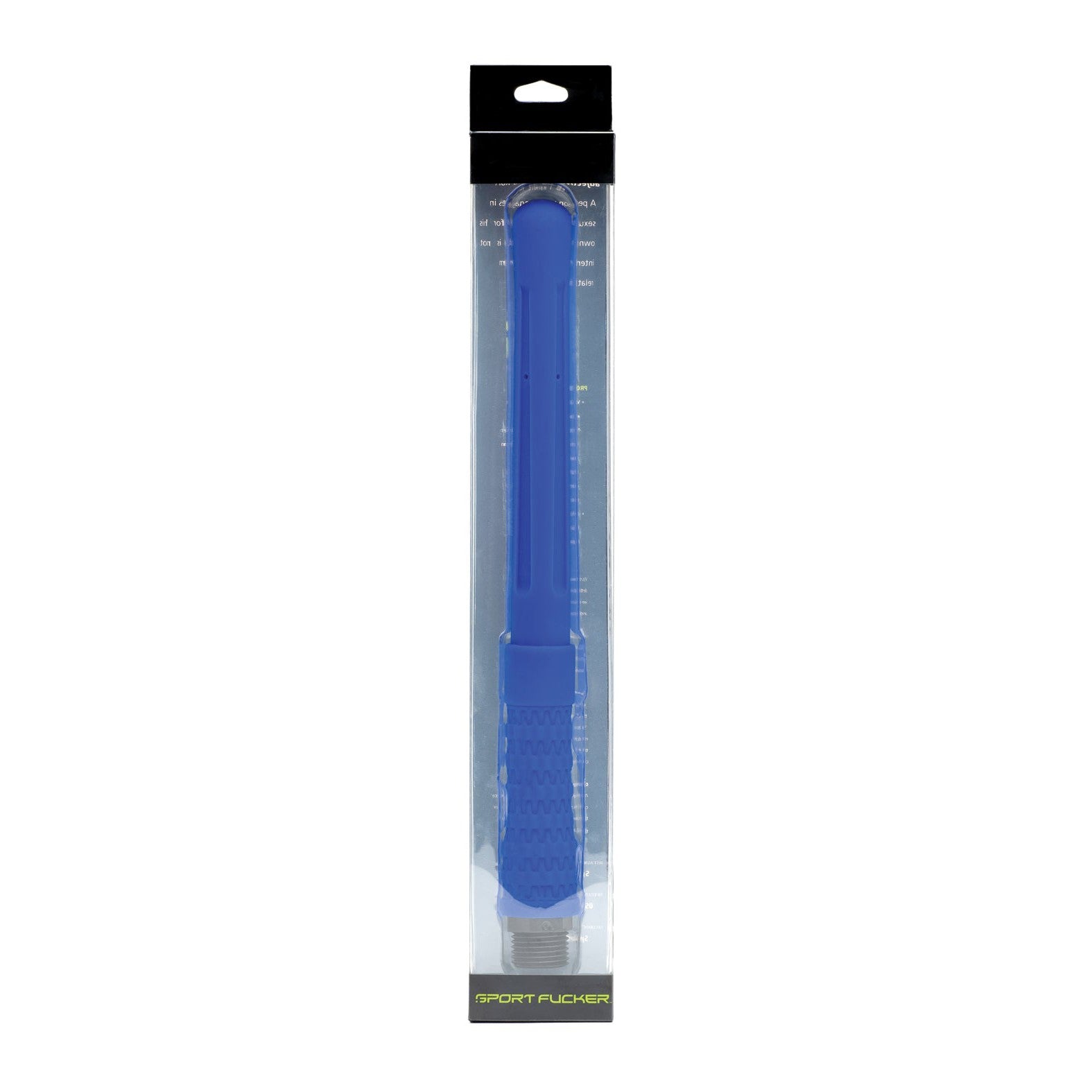 Oxballs Sport Fucker PowerShot Nozzle is a sleek, long blue platinum silicone accessory with a textured grip handle and advanced cleanout technology. Its packaged in clear packaging with a black top, ensuring high performance for your active lifestyle.