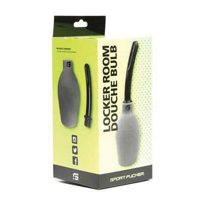 The packaging for the Sport Fucker Locker Room Universal Bulb - 16 oz flaunts a grey bulb with black nozzle, highlighting its large capacity, brand logo, and social media icons on a light green background with a black lid, ensuring style and functionality for on-the-go use.