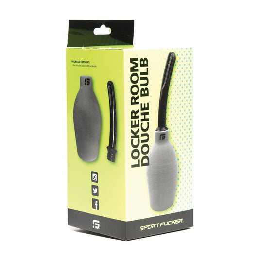 The packaging for the Sport Fucker Locker Room Universal Bulb - 16 oz flaunts a grey bulb with black nozzle, highlighting its large capacity, brand logo, and social media icons on a light green background with a black lid, ensuring style and functionality for on-the-go use.