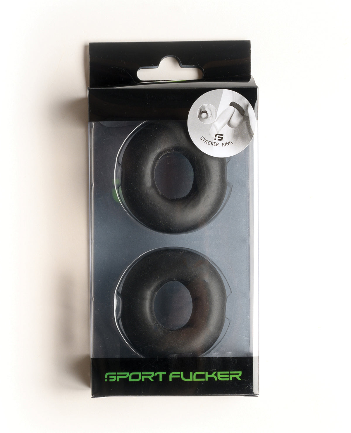 Sport Fucker Stacker Rings in black, boxed: two thick silicone rings