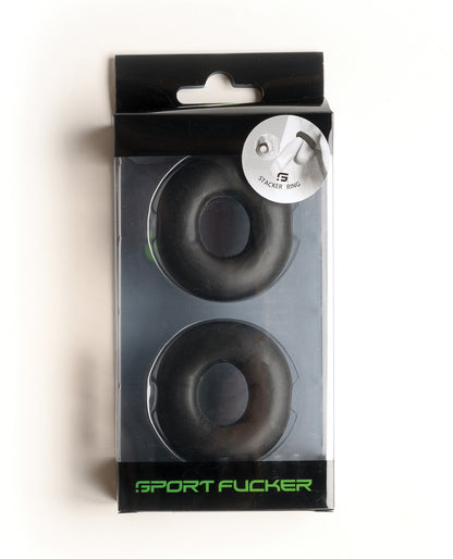 Sport Fucker Stacker Rings in black, boxed: two thick silicone rings