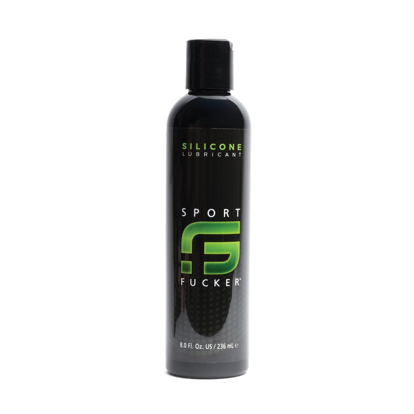 An 8 oz bottle of Sport Fucker Silicone Lubricant offers premium quality and long-lasting satisfaction in sleek black packaging with green and white text.