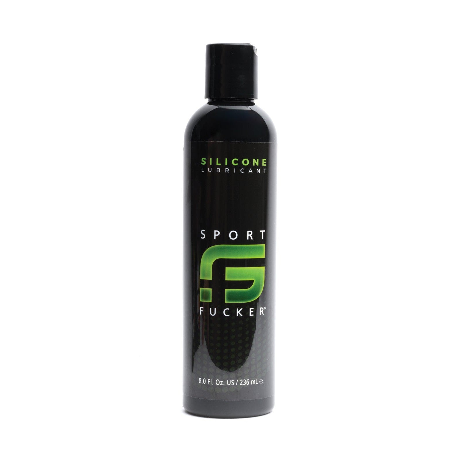 An 8 oz bottle of Sport Fucker Silicone Lubricant offers premium quality and long-lasting satisfaction in sleek black packaging with green and white text.