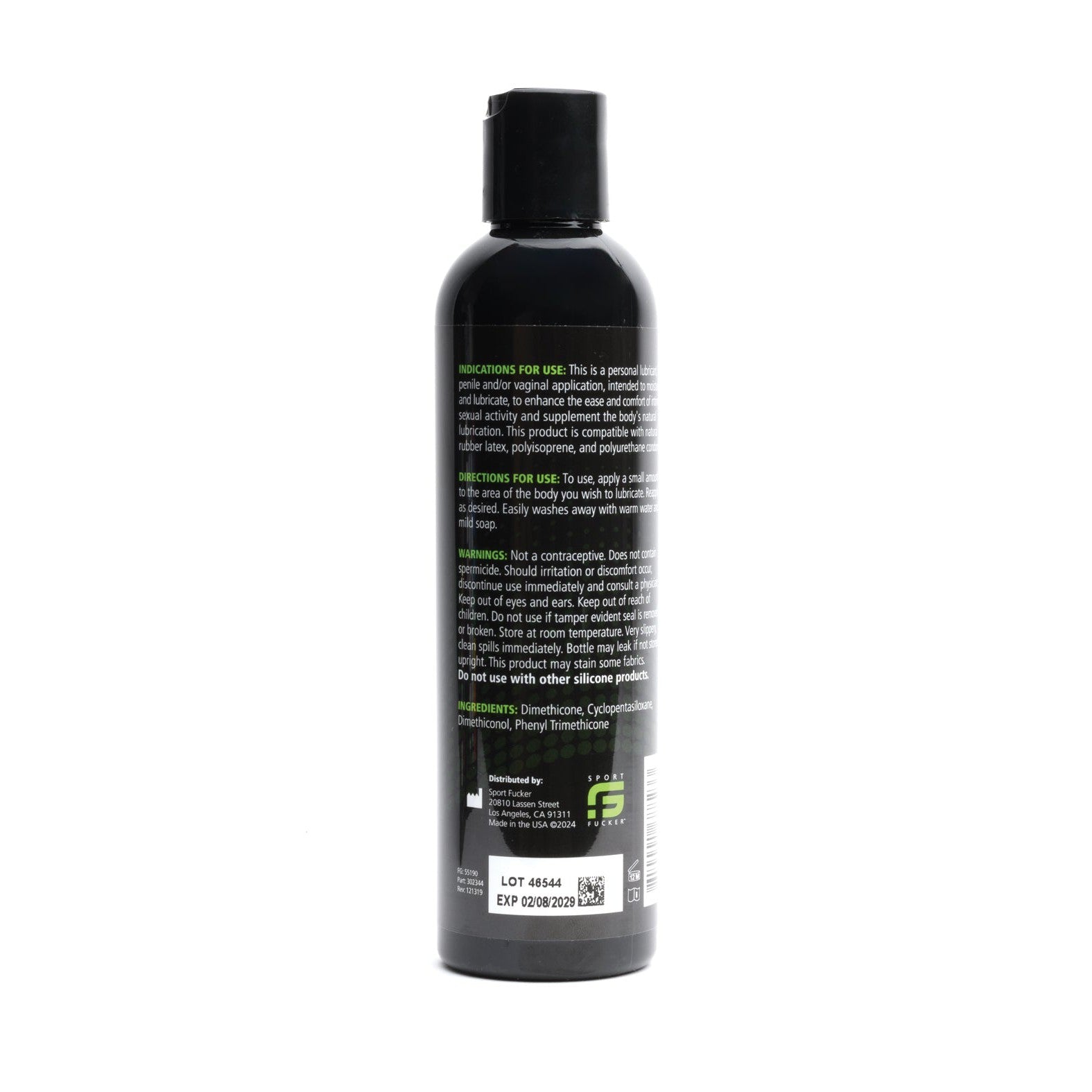 A black 8 oz bottle of Sport Fucker Silicone Lubricant features green and white text with usage instructions and ingredients. The premium lubricants long-lasting formula is ensured by expiry and lot numbers prominently displayed at the bottom.