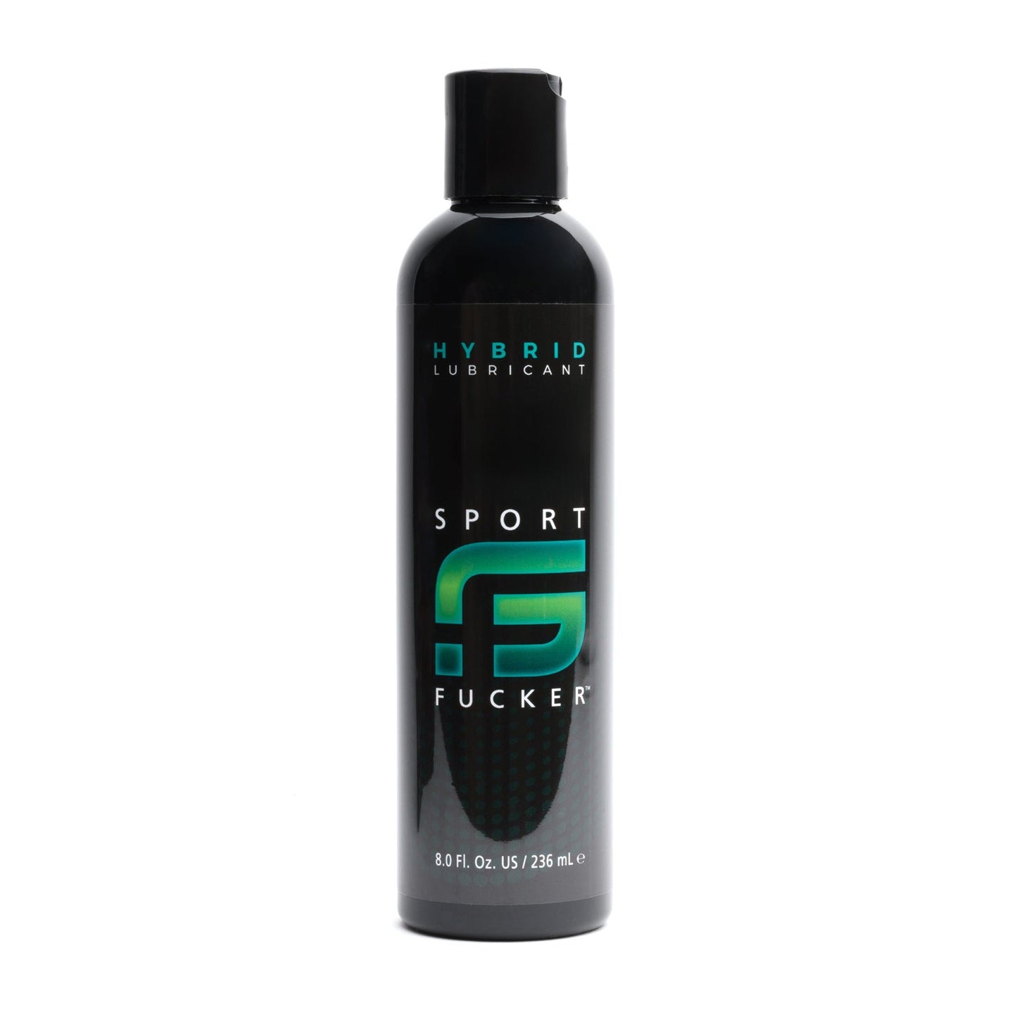A black bottle labeled Sport Fucker Hybrid Lubricant - 8 oz from Sport Fucker showcases premium quality with green and blue gradient accents, highlighting its long-lasting formula against a white background.