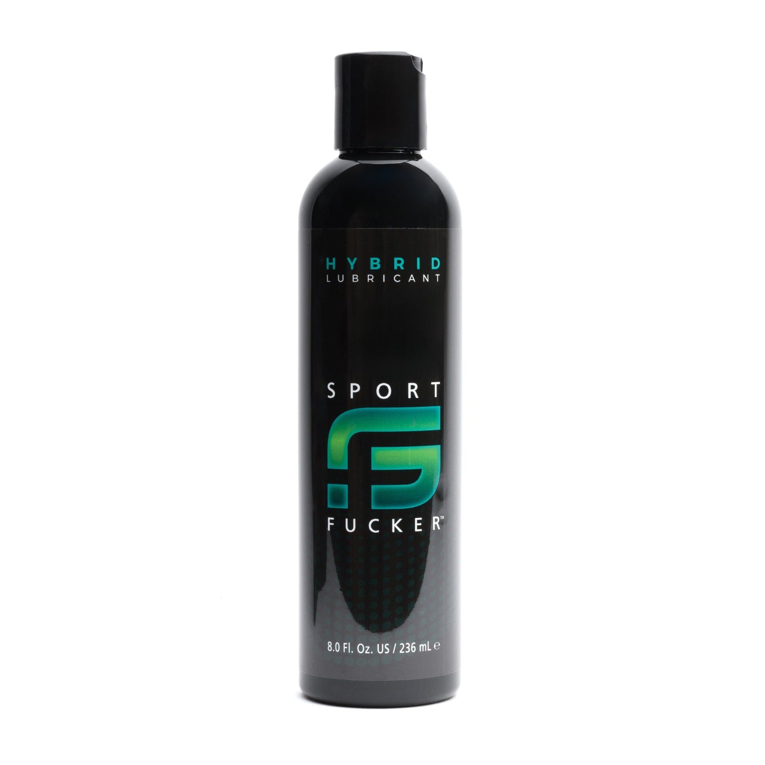 A black bottle labeled Sport Fucker Hybrid Lubricant - 8 oz from Sport Fucker showcases premium quality with green and blue gradient accents, highlighting its long-lasting formula against a white background.