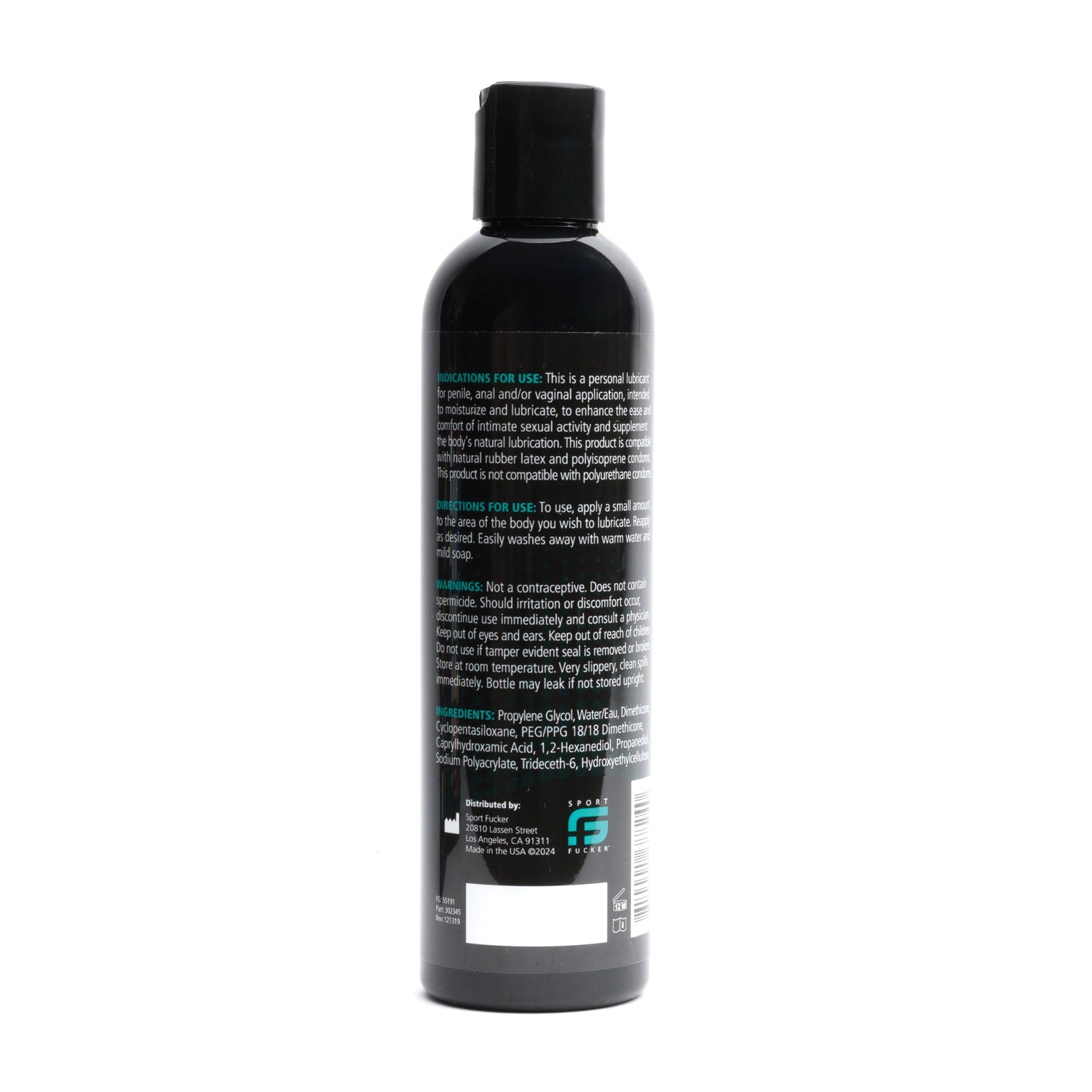 The Sport Fucker Hybrid Lubricant - 8 oz, from the brand Sport Fucker, comes in a black bottle adorned with crisp white and green text. It features a flip-top cap, offering a premium long-lasting formula and is displayed against a plain white background for simplicity.