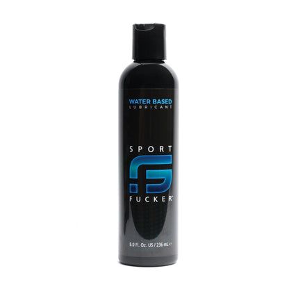 A black 8 fl. oz. bottle of Sport Fucker Water Based Lubricant, premium quality with blue and white text, from the brand Sport Fucker.