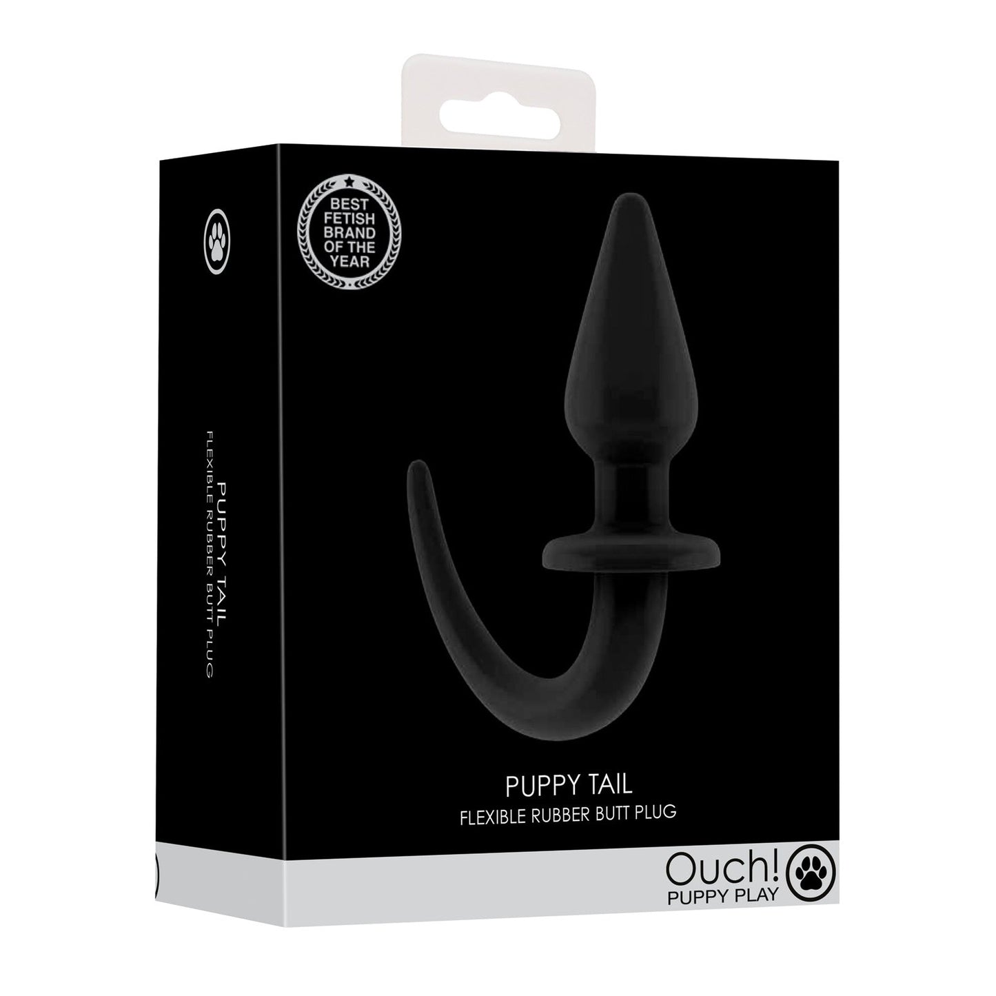 The image shows the packaging for the Shots Ouch Puppy Play Tail Butt Plug by Shots Ouch. The chic black-and-white box highlights its waterproof design for easy insertion, and a Best British Brand badge on the top left corner adds prestige.