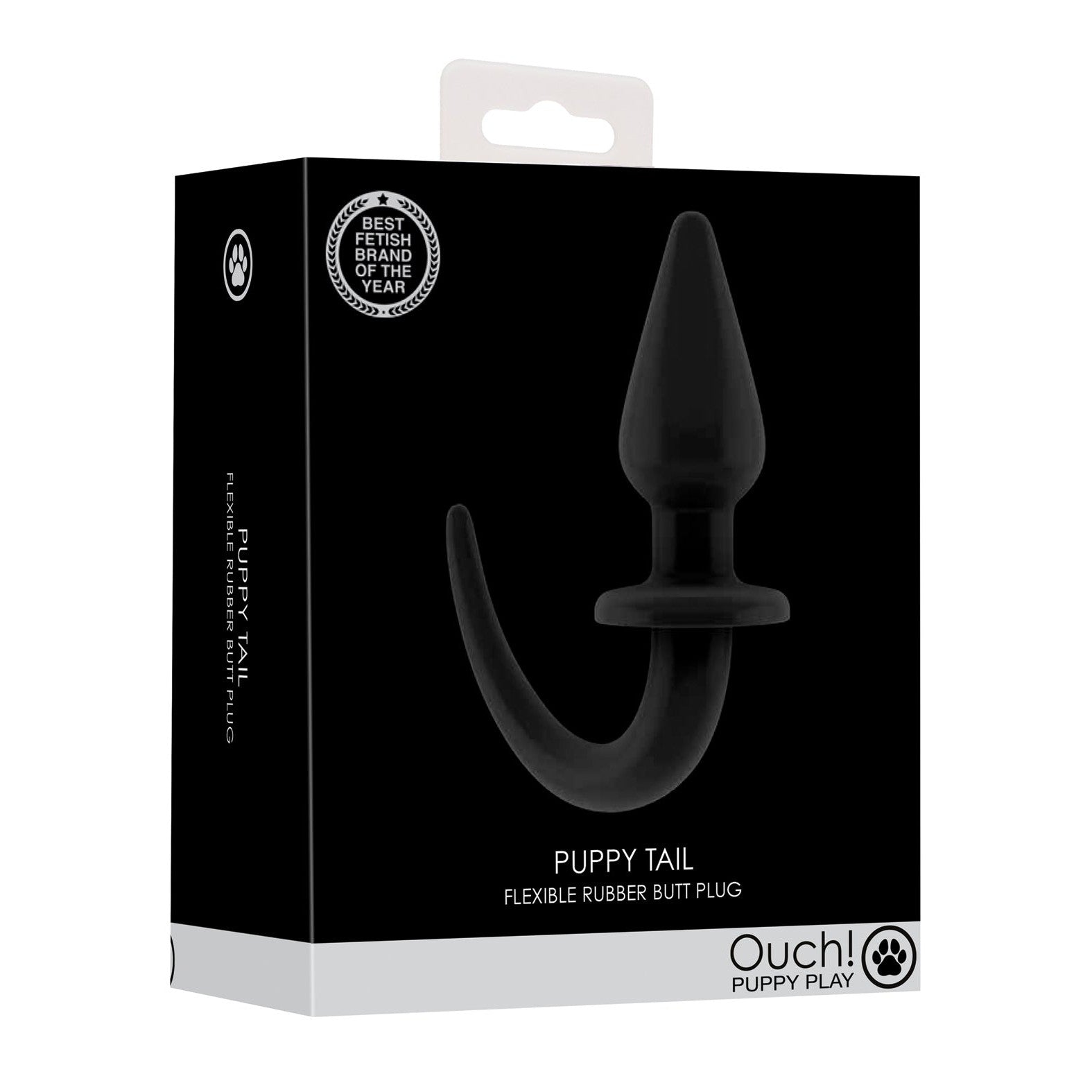 The image shows the packaging for the Shots Ouch Puppy Play Tail Butt Plug by Shots Ouch. The chic black-and-white box highlights its waterproof design for easy insertion, and a Best British Brand badge on the top left corner adds prestige.