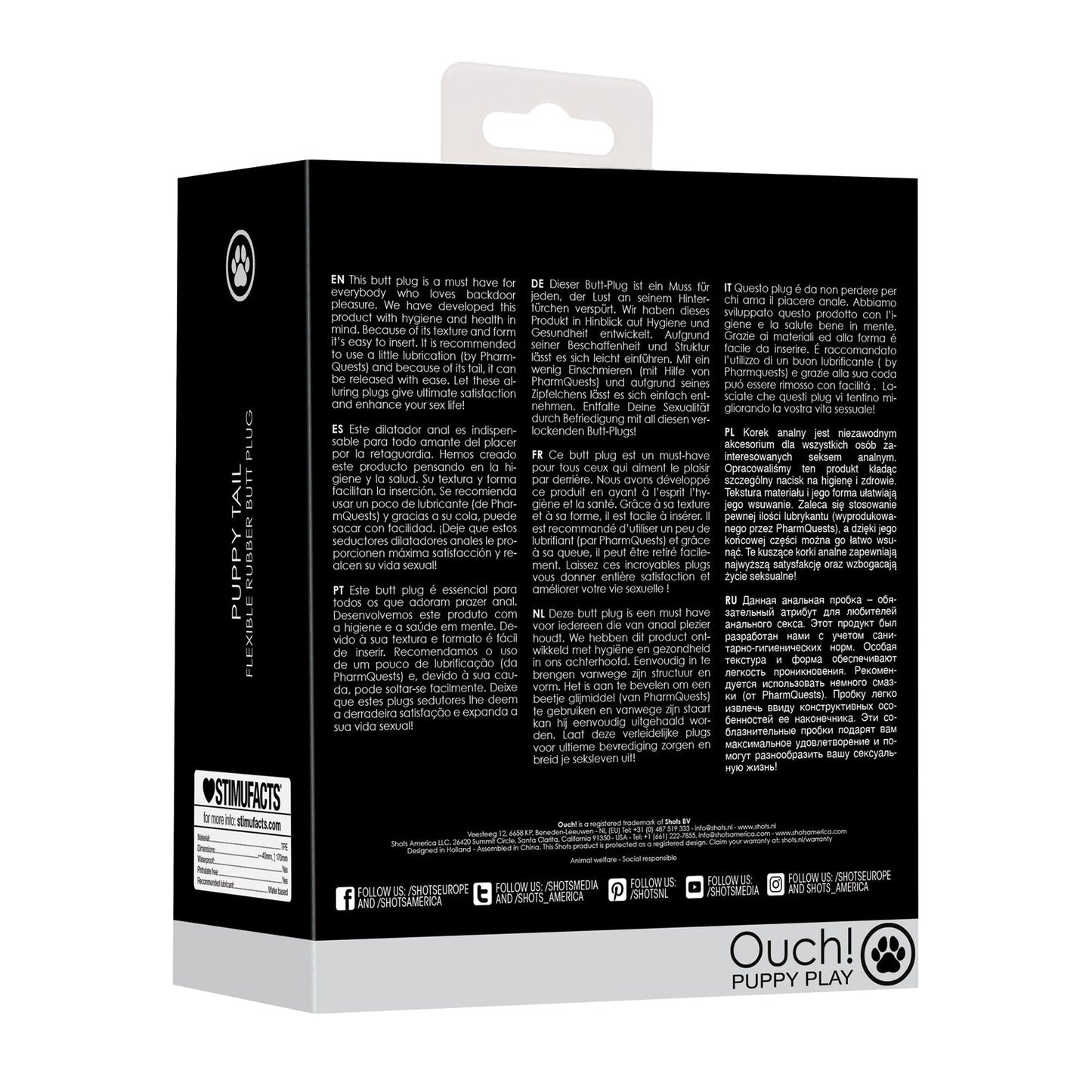 The Shots Ouch Puppy Play Tail Butt Plug box highlights its easy insertion and waterproof design in multiple languages, featuring our branding, contact info, and social media icons on a sleek black background.