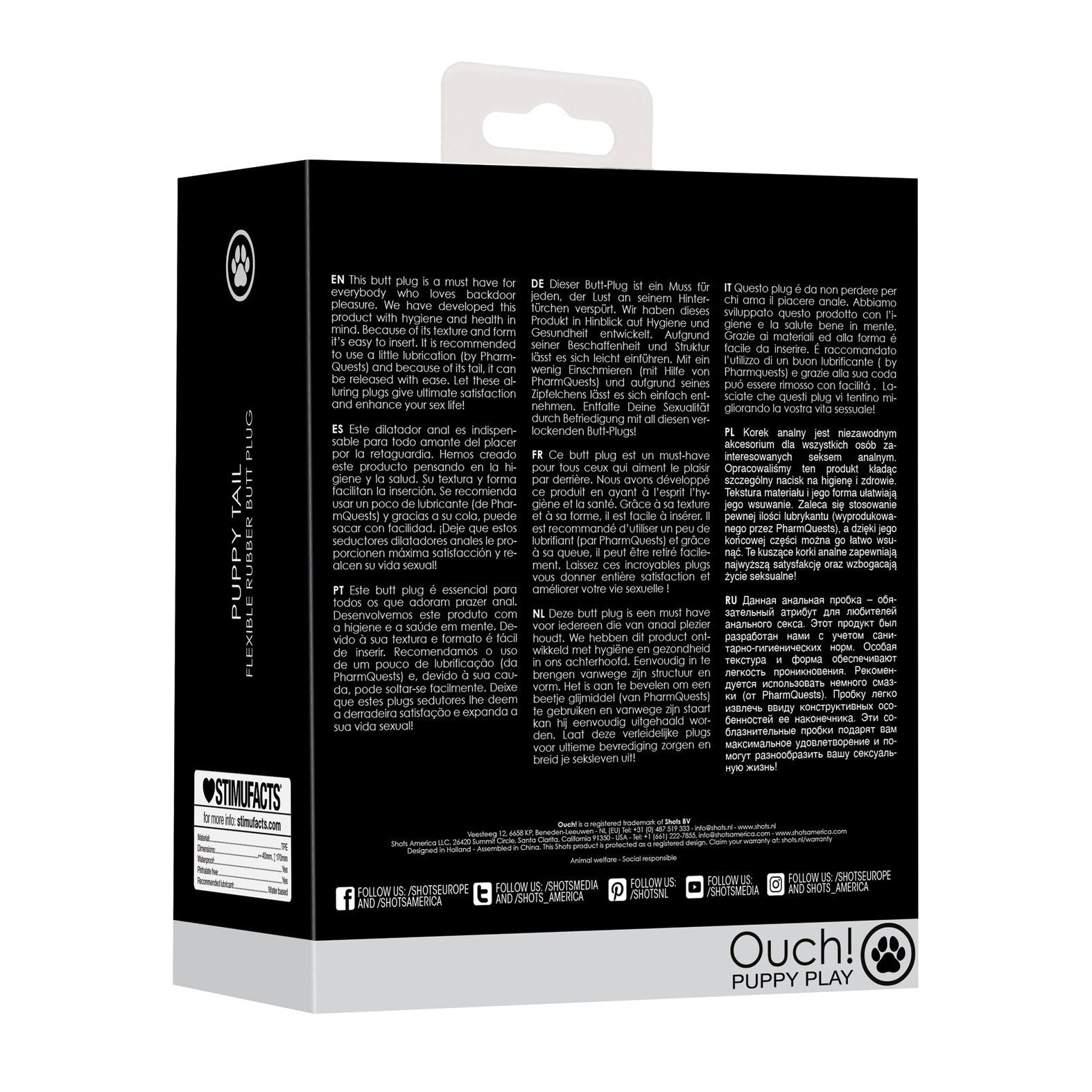 The Shots Ouch Puppy Play Tail Butt Plug box highlights its easy insertion and waterproof design in multiple languages, featuring our branding, contact info, and social media icons on a sleek black background.
