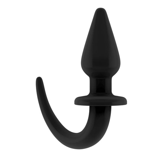 The Shots Ouch Puppy Play Tail Butt Plug by Shots Ouch is a black silicone plug with a pointed top and curved hook-like bottom, shown against a white background. Its waterproof finish ensures durability and versatility across different environments.