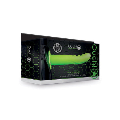 The Shots Ouch 8 Textured Curved Hollow Strap-On features a glow-in-the-dark design with a silicone strap and adjustable fit. It comes in black and green packaging with neon highlights against a dark honeycomb pattern, emphasizing its body-safe materials.