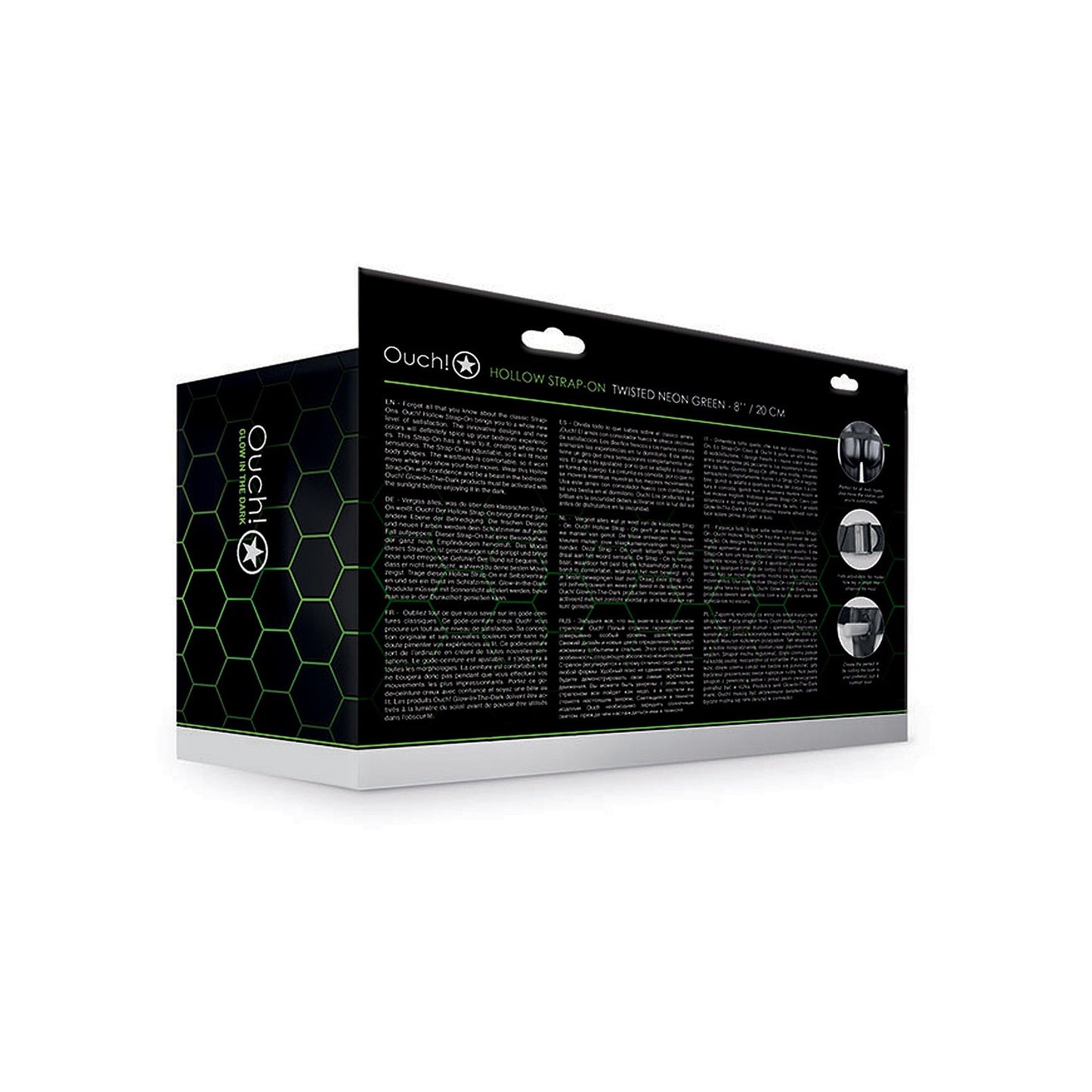 A Shots Ouch black box with a hexagonal pattern highlights the 8 Textured Curved Hollow Strap On - Glow in the Dark, featuring an adjustable fit and neon green body-safe materials.