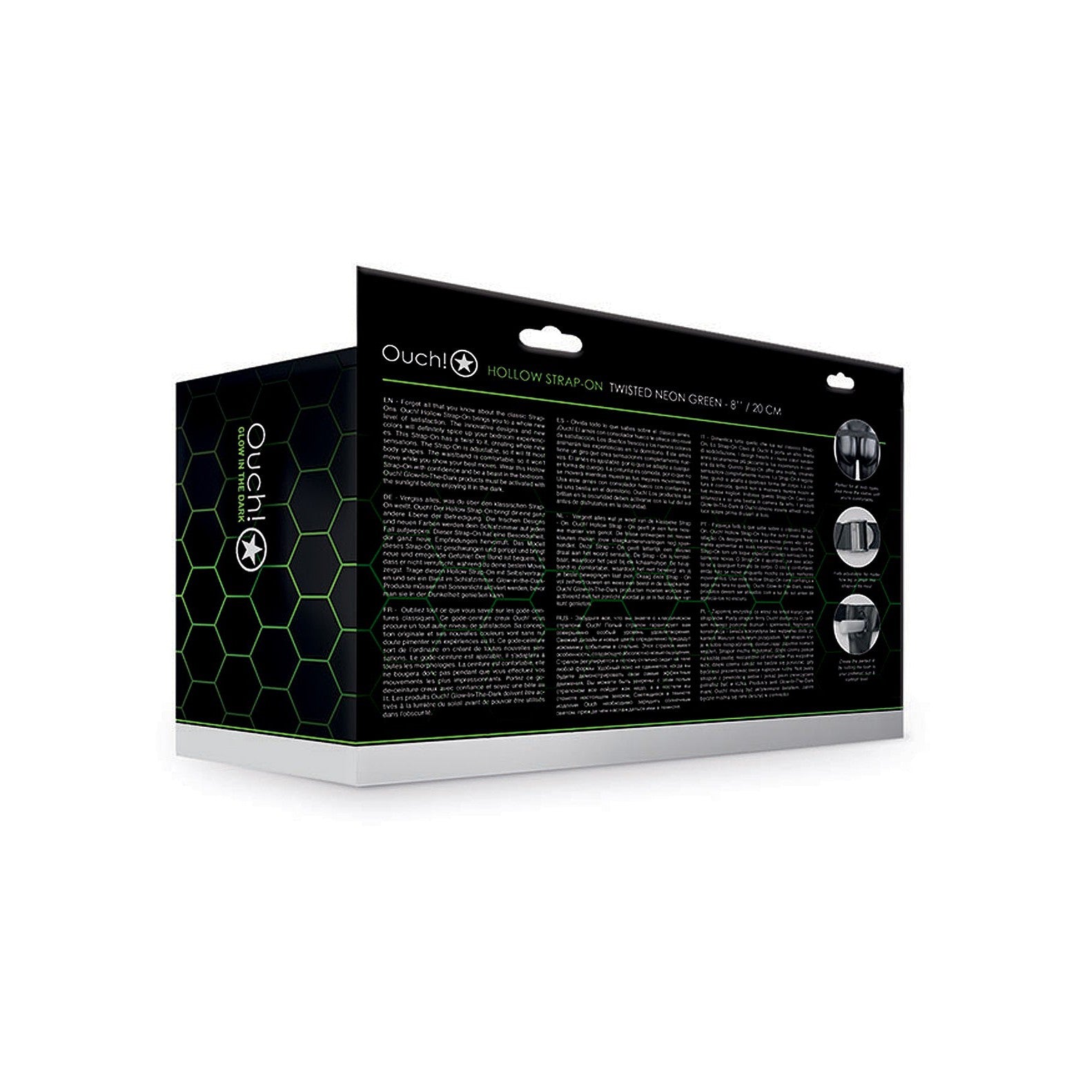 A Shots Ouch black box with a hexagonal pattern highlights the 8 Textured Curved Hollow Strap On - Glow in the Dark, featuring an adjustable fit and neon green body-safe materials.