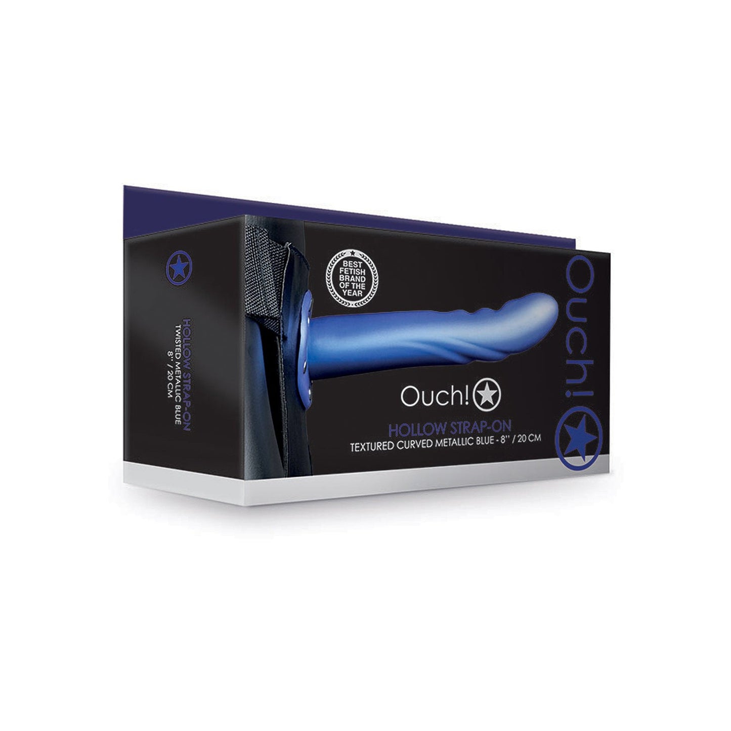 Display of the Shots Ouch 8 Textured Curved Hollow Strap-On in Metallic Blue, featuring an adjustable waistband. The packaging showcases product description and Shots branding, emphasizing its body-safe materials, against a minimalist background.