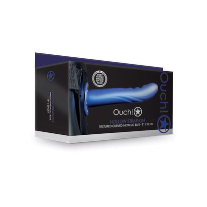 Display of the Shots Ouch 8 Textured Curved Hollow Strap-On in Metallic Blue, featuring an adjustable waistband. The packaging showcases product description and Shots branding, emphasizing its body-safe materials, against a minimalist background.